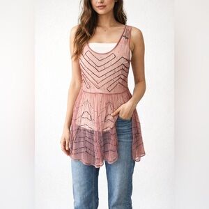 XS Free People Women's Dress Burgundy Mesh Mini Slip Beaded Tank Boho Sheer